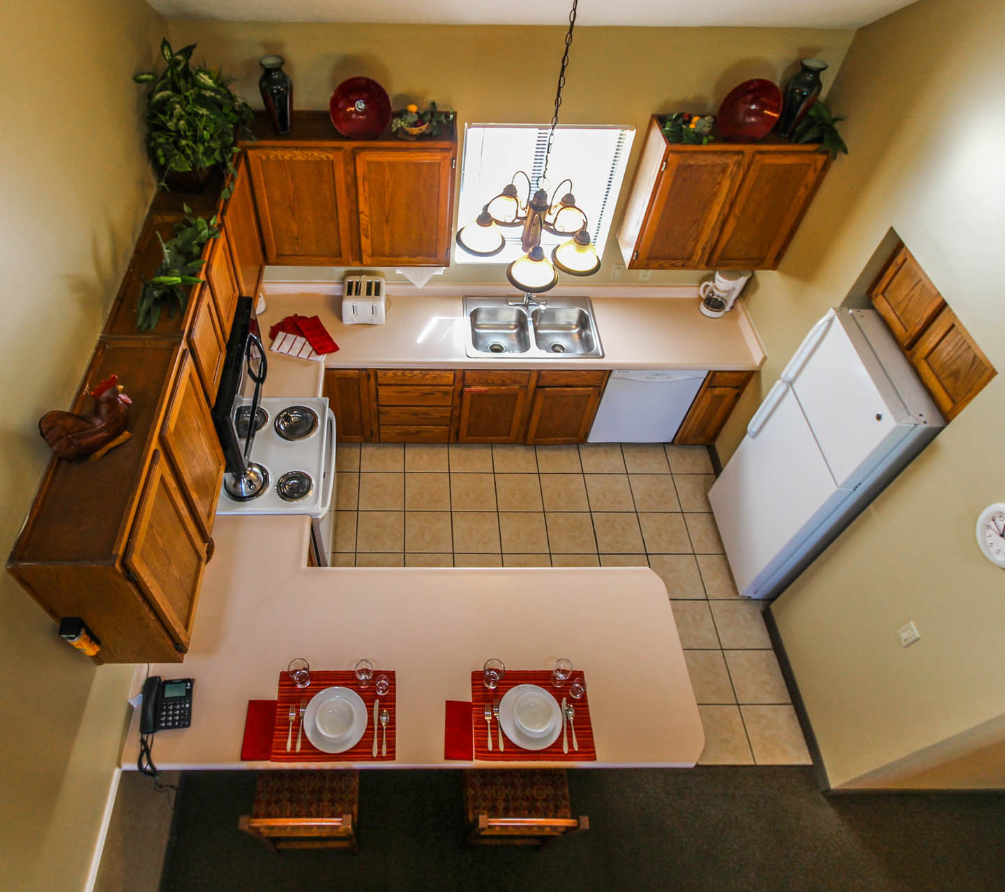 An upstairs view of the kitchen at VRI's Powder Ridge Village in Eden, Utah.